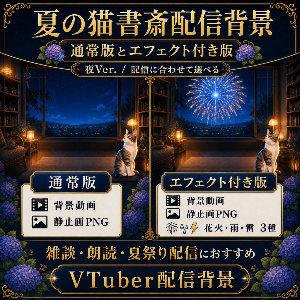 【無料あり】夏の猫書斎配信背景 夜Ver.|花火・雨・雷付き【VTuber配信背景】