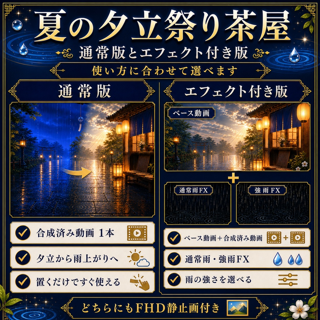 【無料あり】夏の夕立祭り茶屋|通常雨・強雨・雨上がり変化【VTuber配信背景】