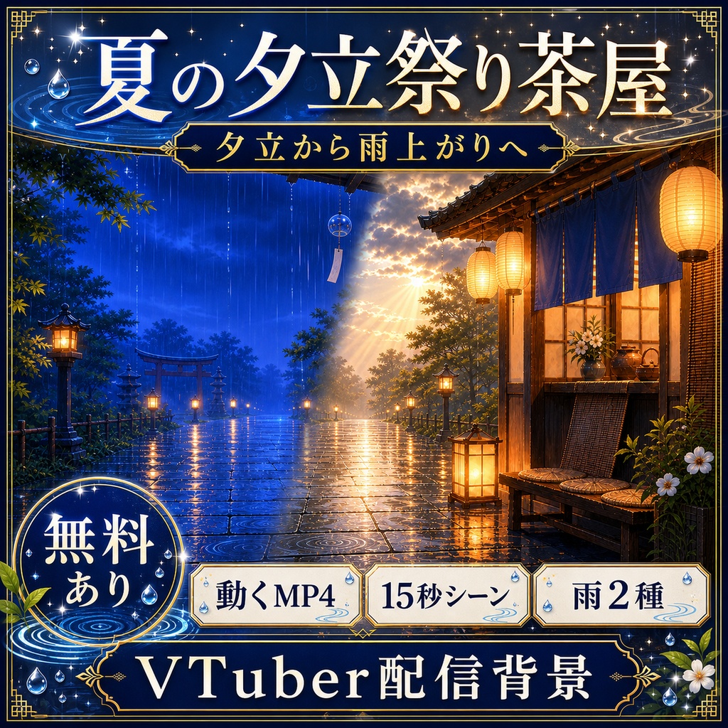 【無料あり】夏の夕立祭り茶屋｜通常雨・強雨・雨上がり変化【VTuber配信背景】