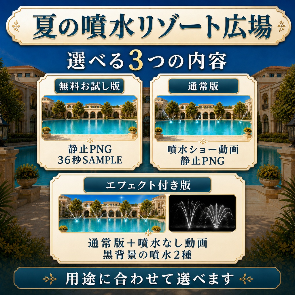 【無料あり】夏の噴水リゾート広場|朝→昼の場面転換【VTuber配信背景】