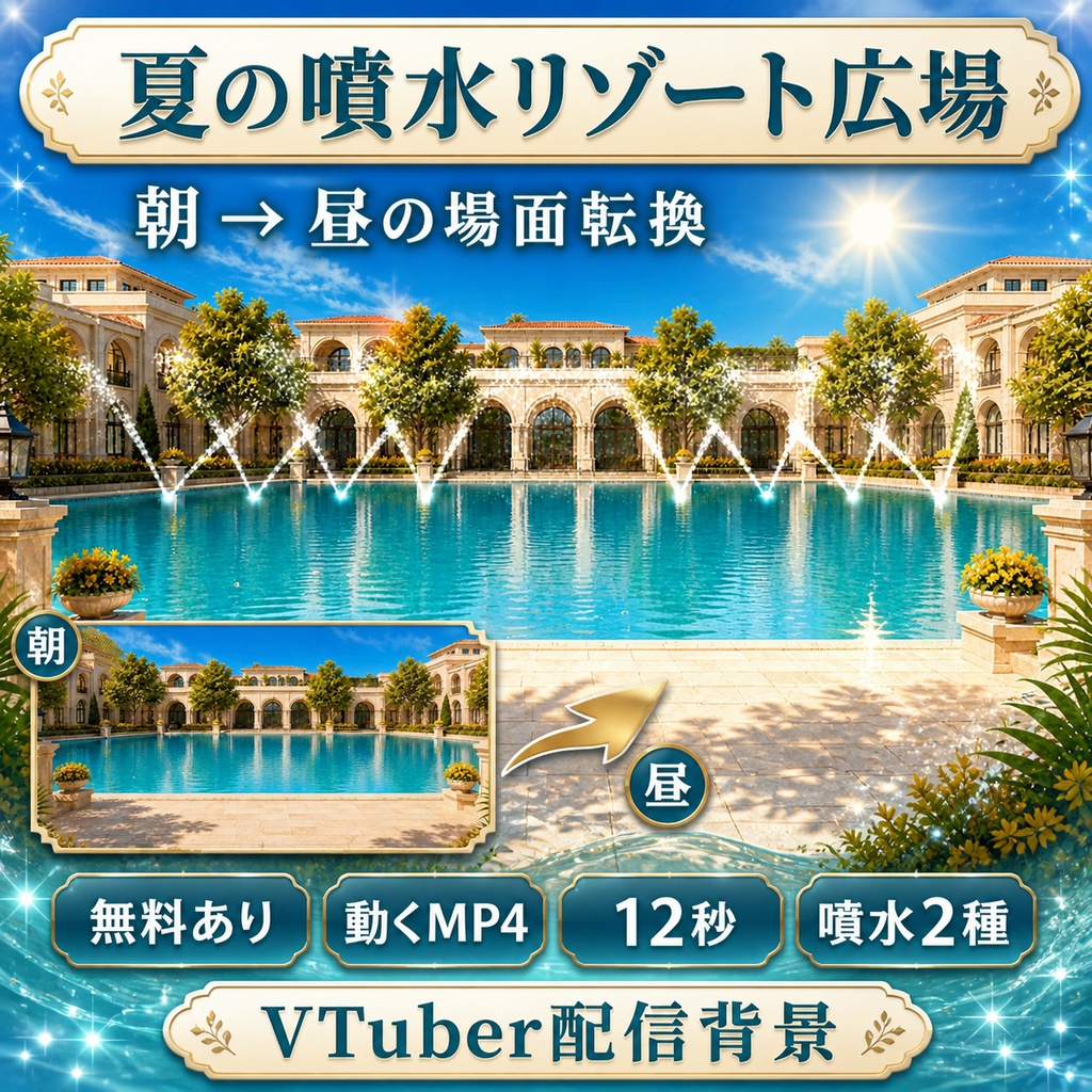 【無料あり】夏の噴水リゾート広場｜朝→昼の場面転換【VTuber配信背景】