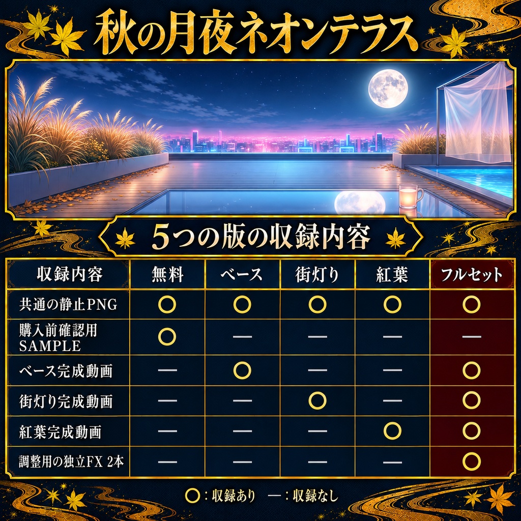 【無料版あり】秋の月夜ネオンテラス|街灯りの瞬き・舞う紅葉【VTuber配信背景】