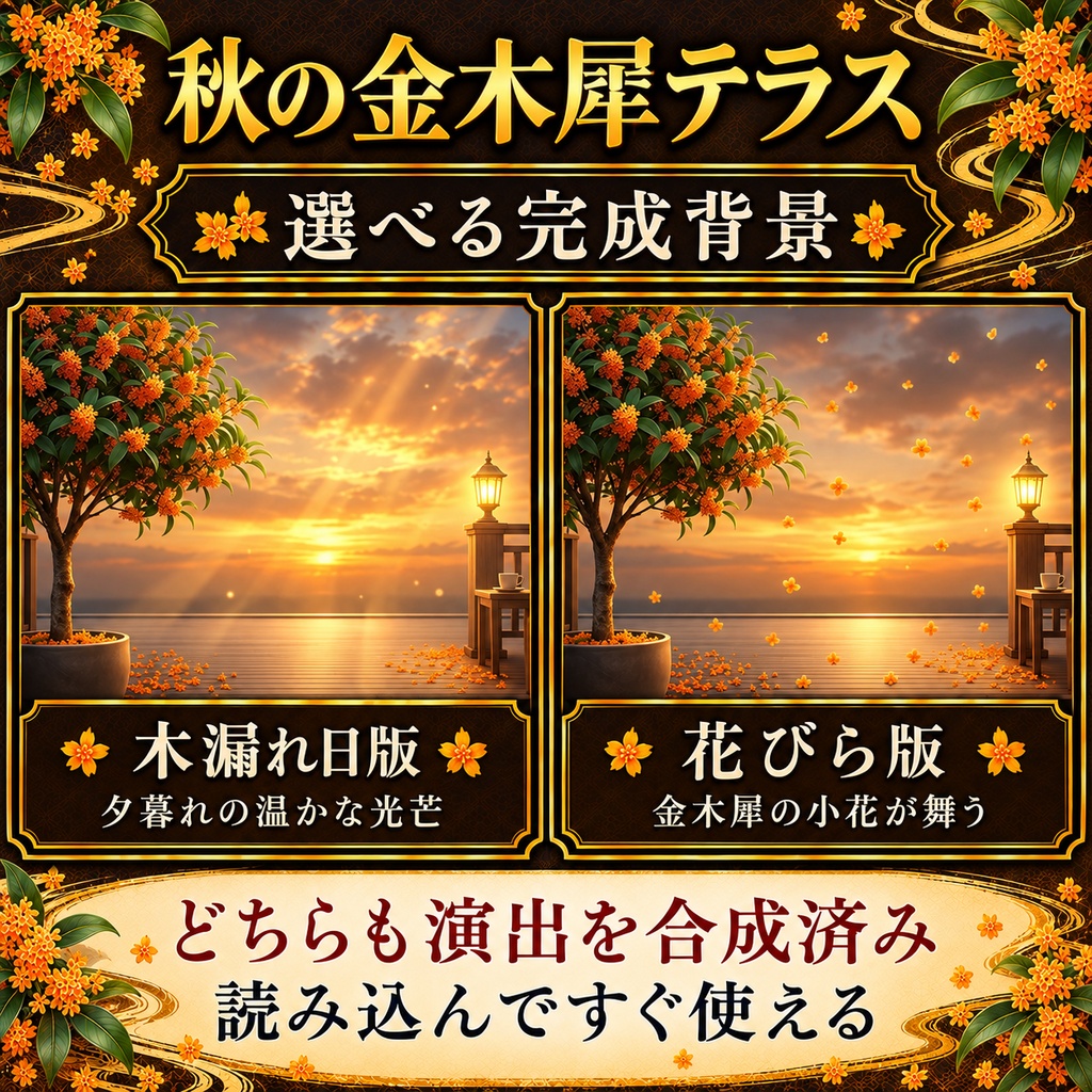 【無料版あり】秋の金木犀テラス|夕暮れの木漏れ日・舞い散る花びら【VTuber動く配信背景】