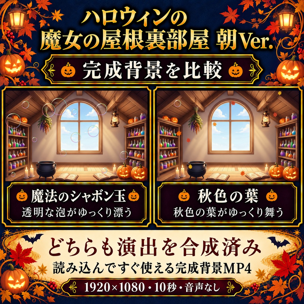 【無料静止画あり】ハロウィンの魔女の屋根裏部屋 朝Ver.|動く配信背景・縦型静止画あり・VTuber向け