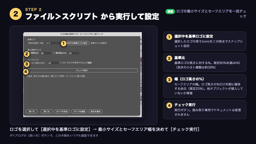 Illustrator スクリプト|ロゴの最小使用サイズ・セーフエリアを一括チェック