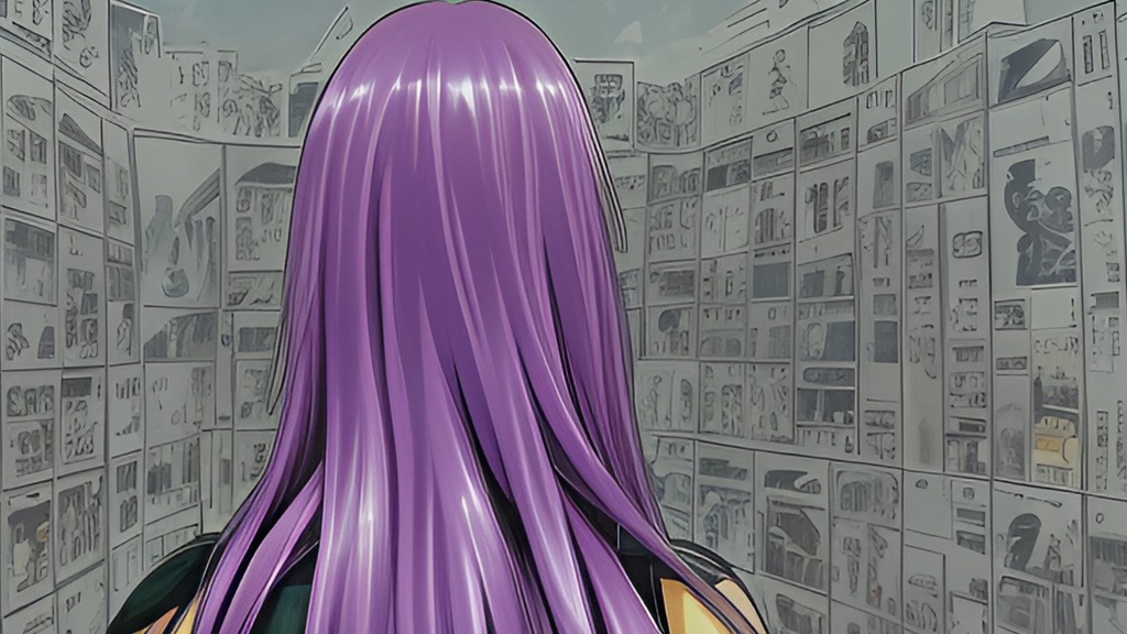 紫髪の少女の後ろ姿と壁画