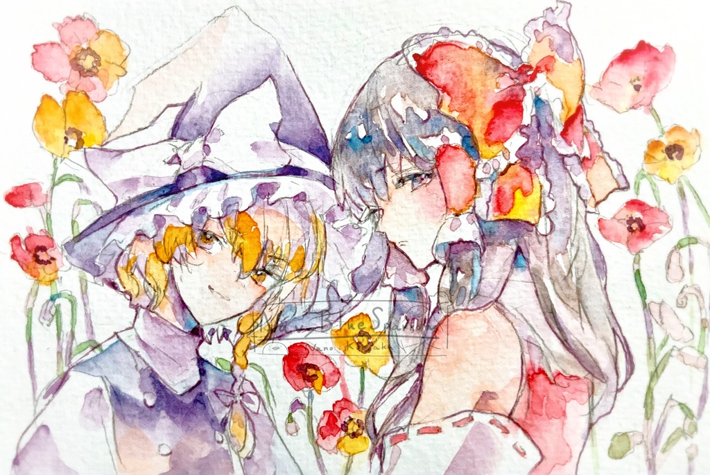 【東方】博麗霊夢 霧雨魔理沙 水彩イラスト原画