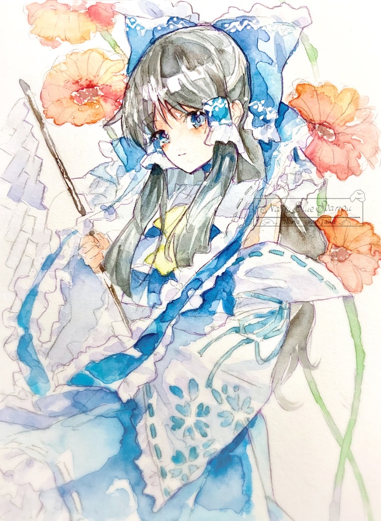 【東方】博麗霊夢（青） 水彩イラスト