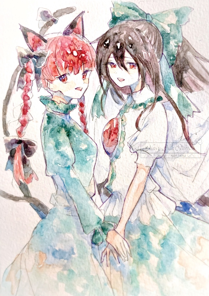 【東方地霊殿】火焔猫燐 霊烏路空 水彩イラスト