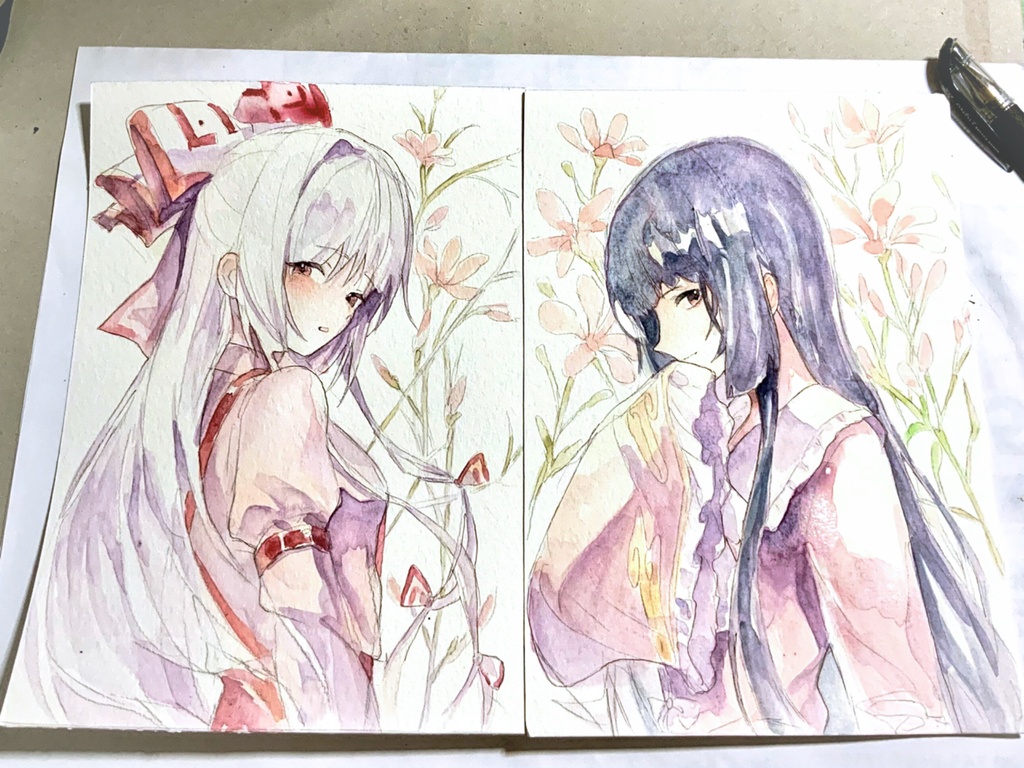 【東方永夜抄】藤原妹紅 蓬莱山輝夜 水彩イラスト