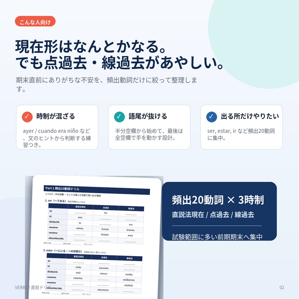 VERBO!直前ドリル|前日でも間に合う!スペイン語 頻出動詞活用【期末対策・20動詞×3時制・音声付き】