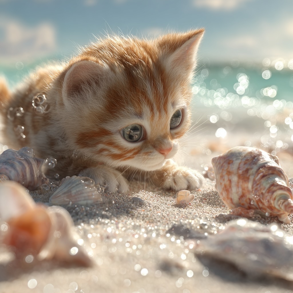 貝殻を見つめる可愛い子猫