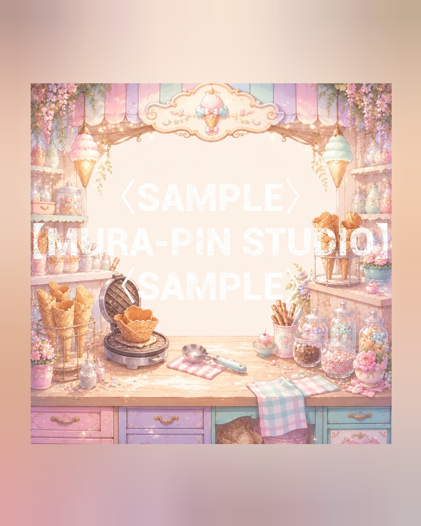 【パステル世界のアイスクリームショップ背景(配信・サムネ向け)・10枚 / 正方形】The Square Vol.25 : Pastel Ice Cream Shop