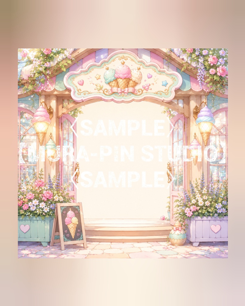【パステル世界のアイスクリームショップ背景(配信・サムネ向け)・10枚 / 正方形】The Square Vol.25 : Pastel Ice Cream Shop