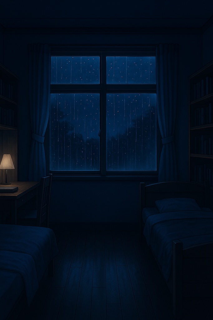 雨の夜の寮部屋｜アニメ背景素材｜室内・雨・夜・差分OK