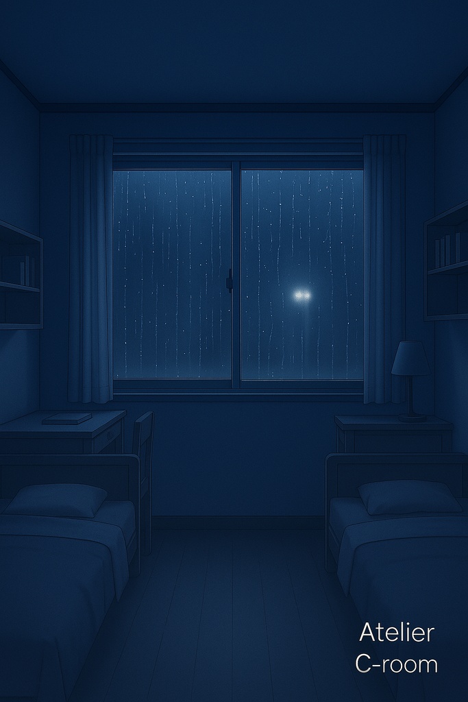 雨の夜の寮部屋|アニメ背景素材 3枚セット|差分あり・商用利用OK・動画/配信/AI生成に最適