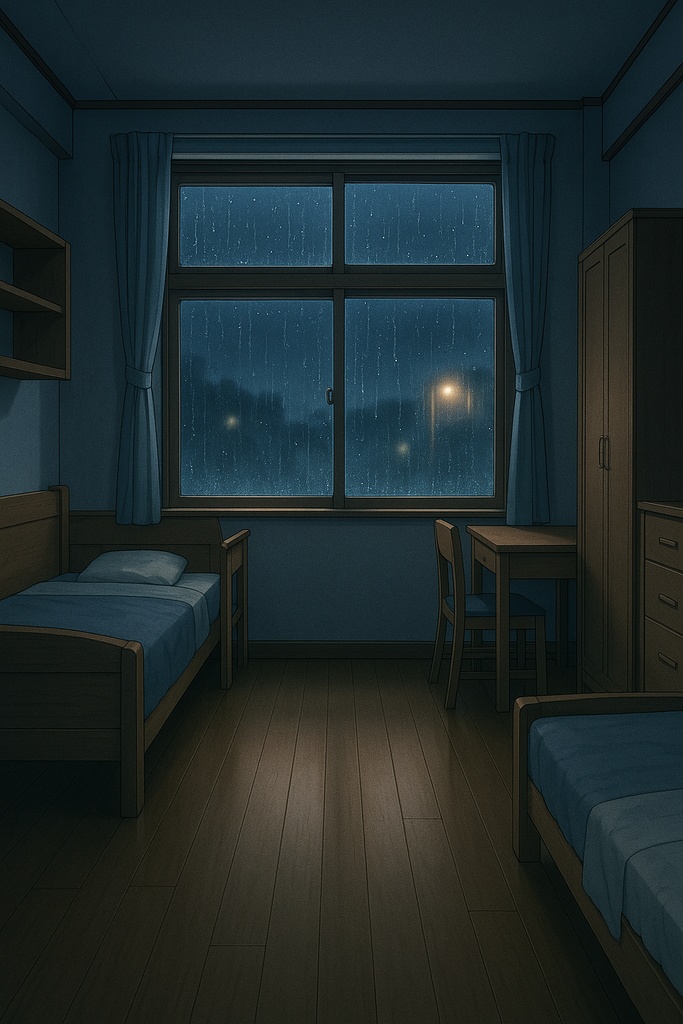 雨の夜の寮部屋|アニメ背景素材 3枚セット|差分あり・商用利用OK・動画/配信/AI生成に最適