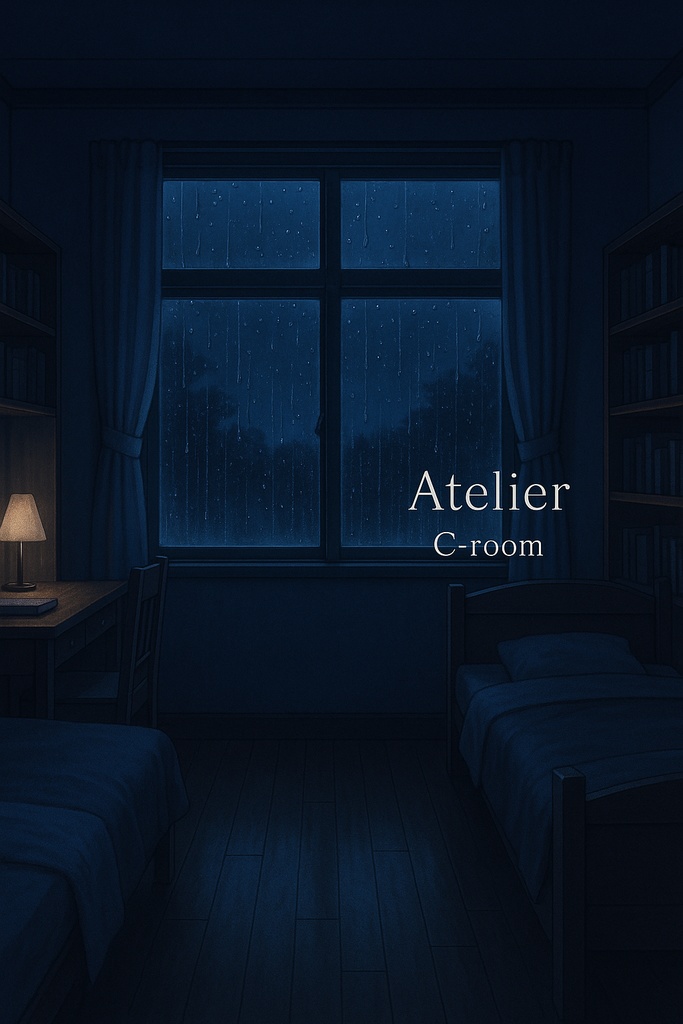 雨の夜の寮部屋|アニメ背景素材 3枚セット|差分あり・商用利用OK・動画/配信/AI生成に最適