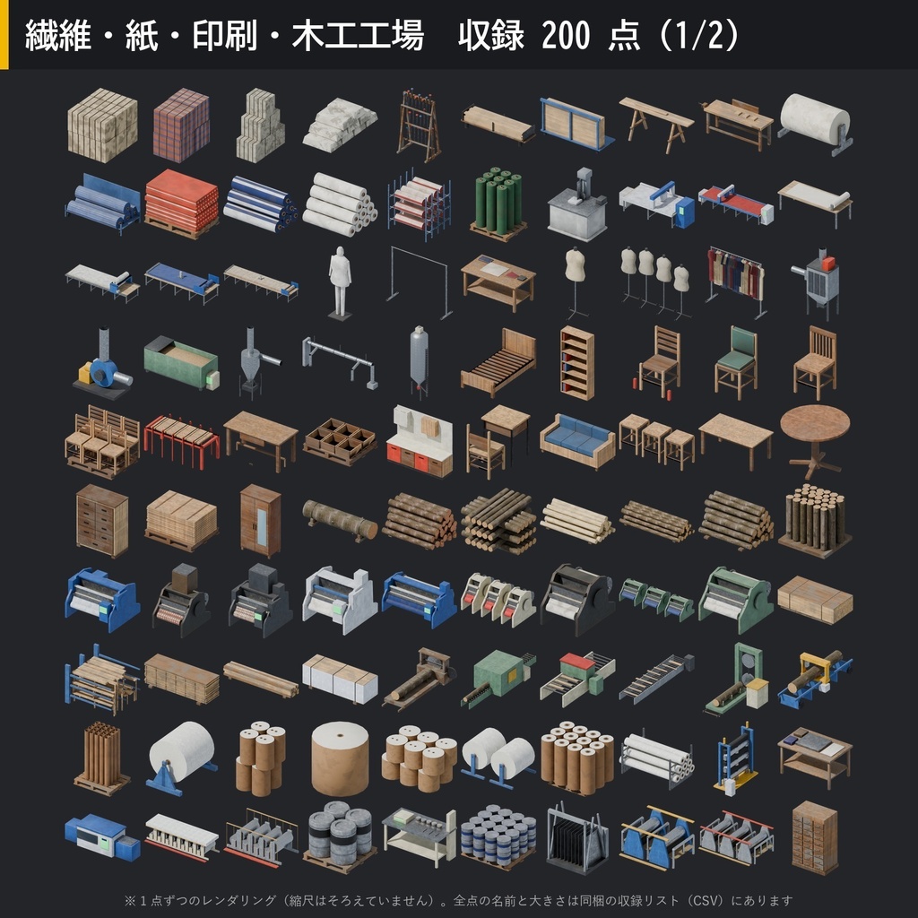 【3D素材】工場キット07 繊維・紙・印刷・木工工場 200点|織機・ミシン・製紙機・印刷機・製材機【FBX・Unity・GLB / PBR】