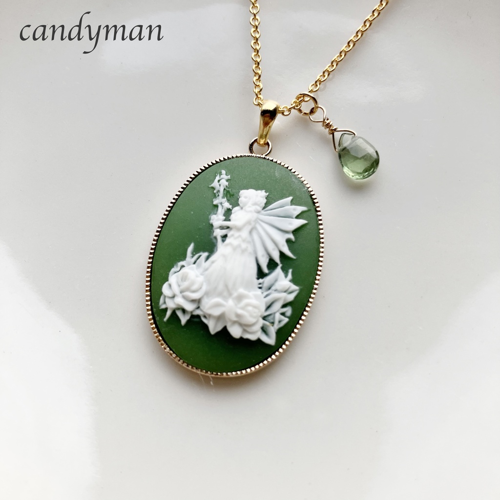 【送料込み】緑のお花の妖精カメオと緑色グリーンアパタイト天然石のネックレス