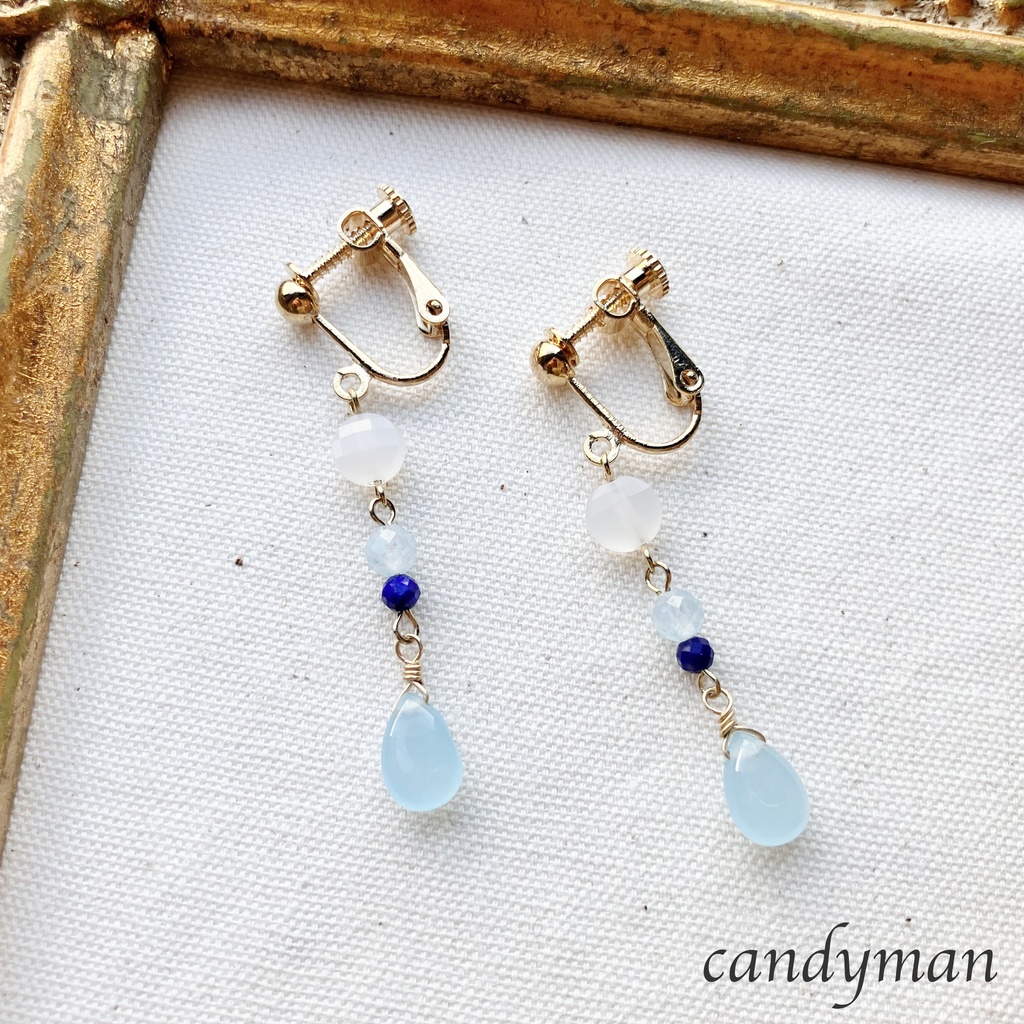 【送料込み】アクアマリンやラピスラズリのブルー系天然石の爽やかなイヤリング