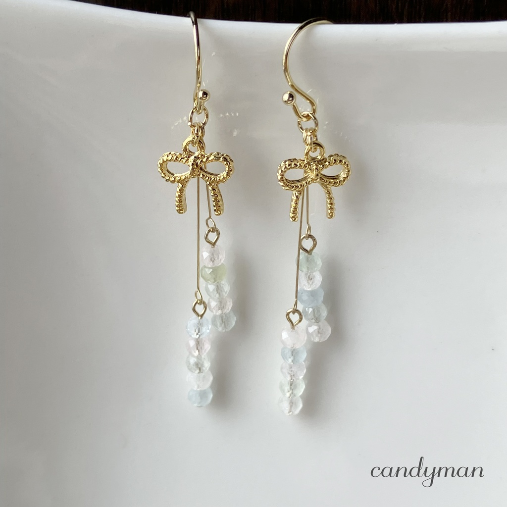 【送料込み】天然石パステルmixカラーのリボンピアス