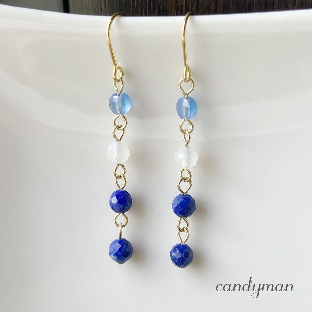 【送料込み】天然石ブルーアゲートやラピスラズリのブルー系の涼やかなピアス