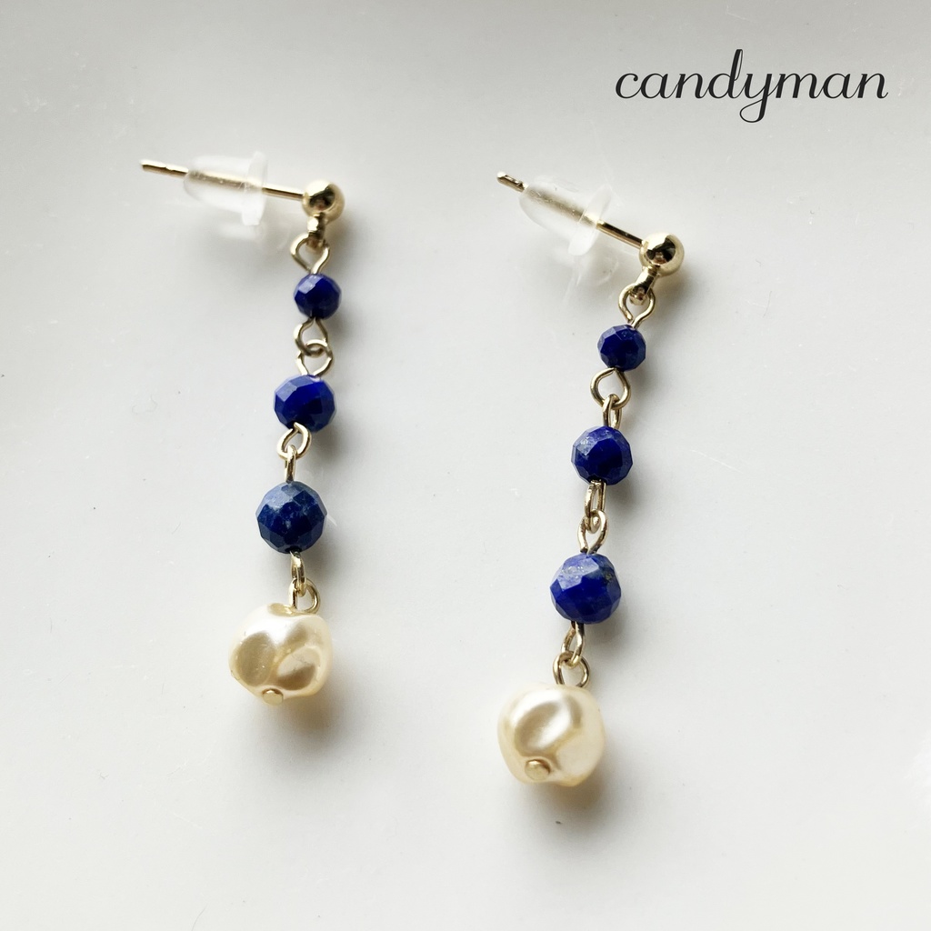 【送料込み】天然石ラピスラズリとジャパンヴィンテージグラスパールのピアス