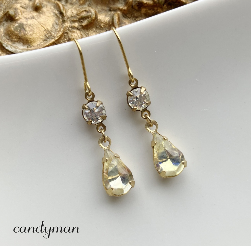 【送料込み】イエローとクリスタルのヴィンテージ2粒キラキラピアス