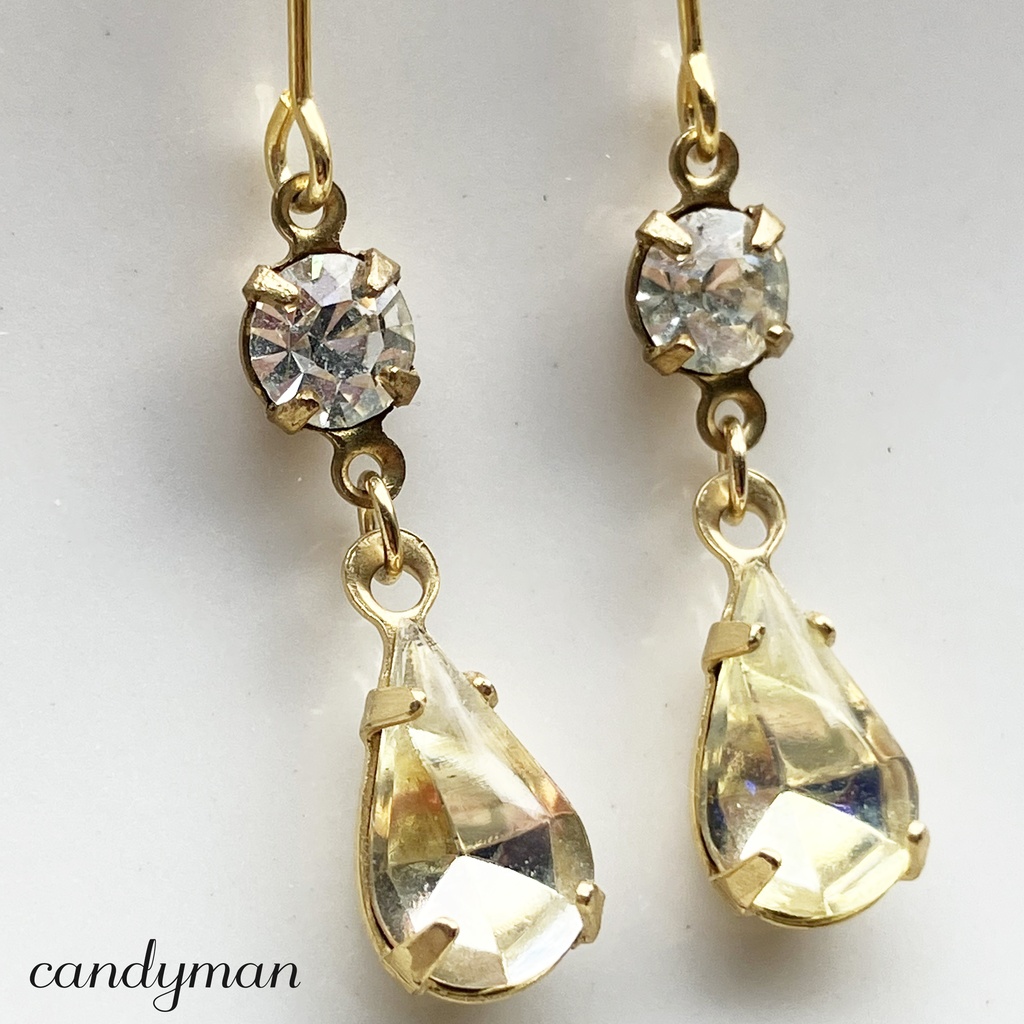 【送料込み】イエローとクリスタルのヴィンテージ2粒キラキラピアス