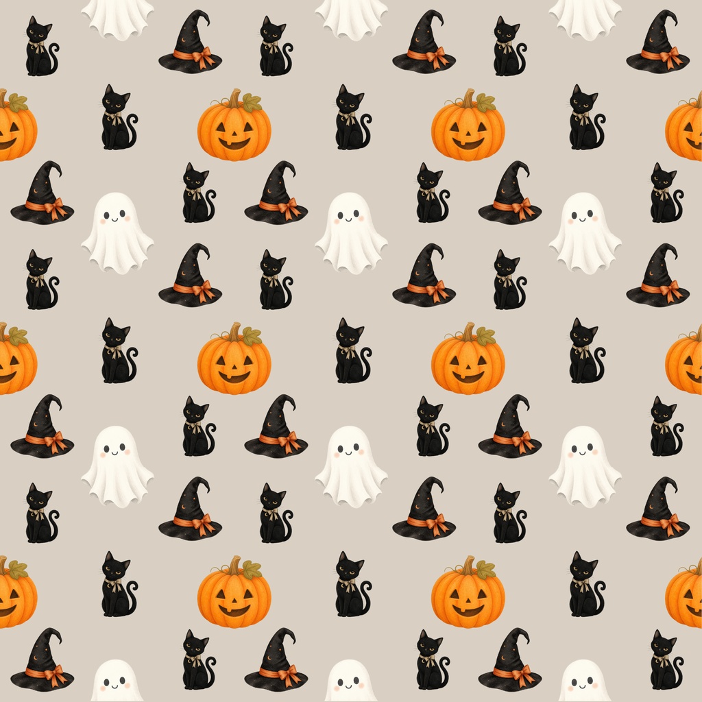 ハロウィン背景素材|黒猫・おばけ・かぼちゃの可愛いシームレスパターン|秋素材