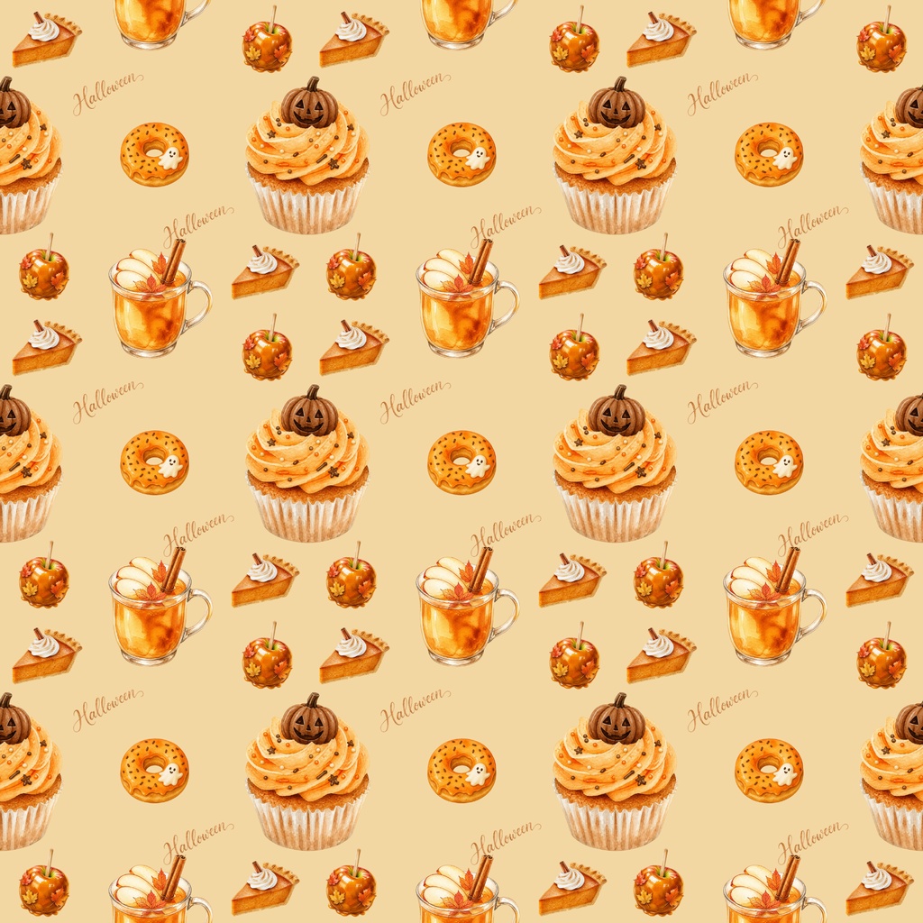 ハロウィン背景素材|お菓子と秋の味覚のシームレスパターン|大人かわいい水彩柄 3色セット