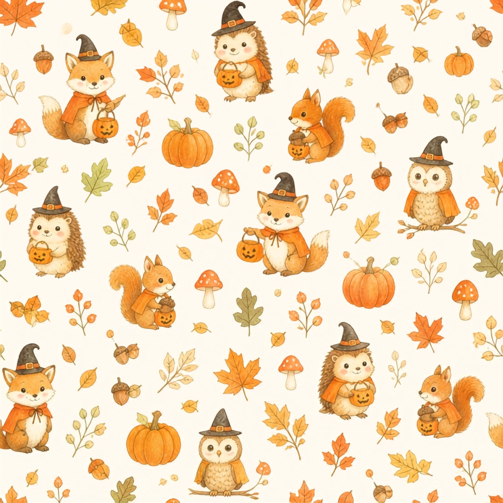 「秋とハロウィンの水彩デジタルペーパー4枚セット★かぼちゃ・おばけ・黒猫・森の動物」(Canva)