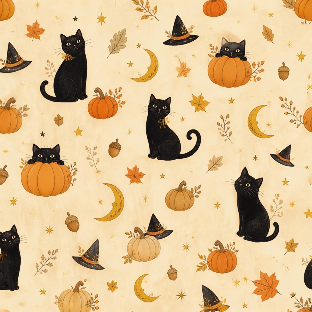 「秋とハロウィンの水彩デジタルペーパー4枚セット★かぼちゃ・おばけ・黒猫・森の動物」(Canva)