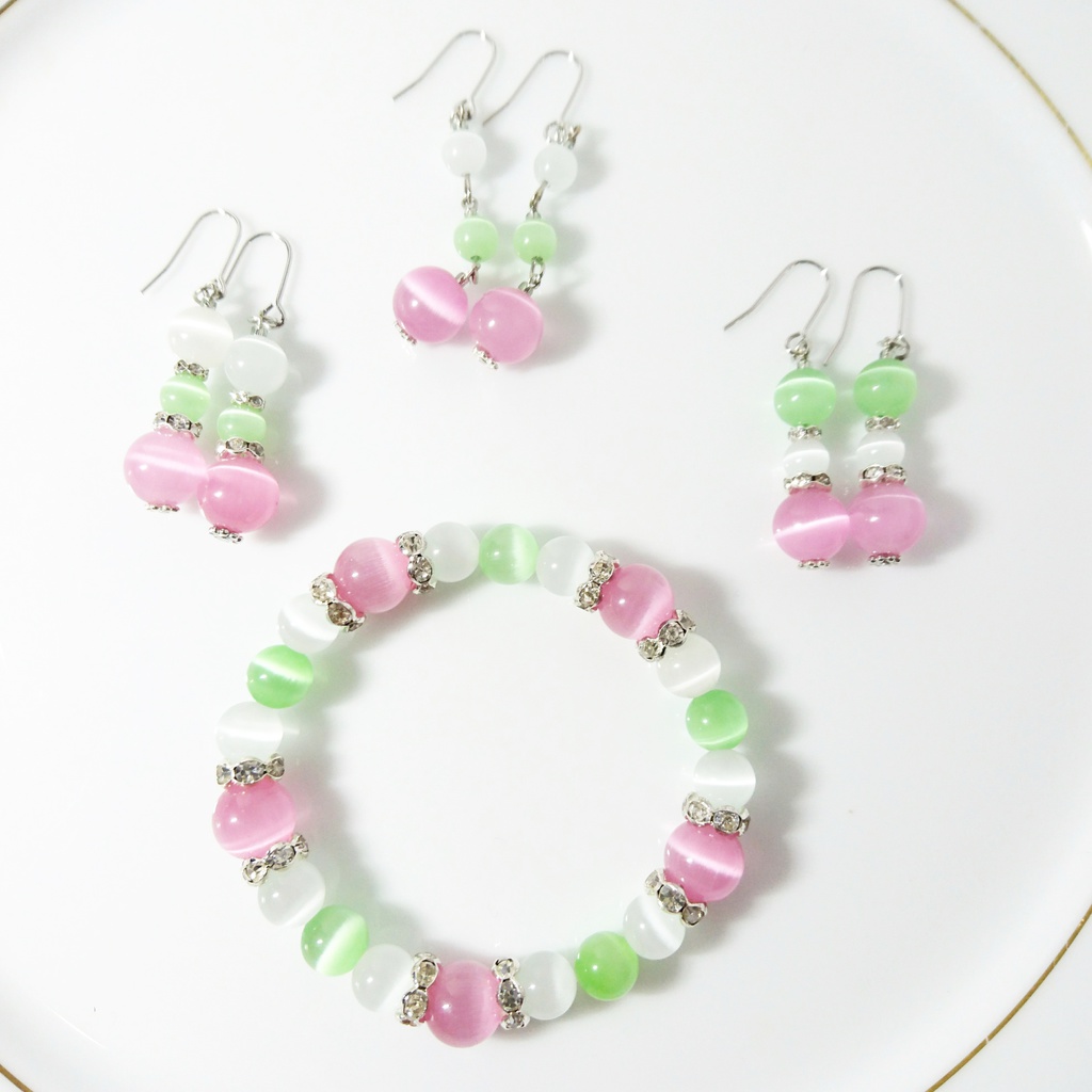 キャッツアイの春色ブレスレット・ピアス