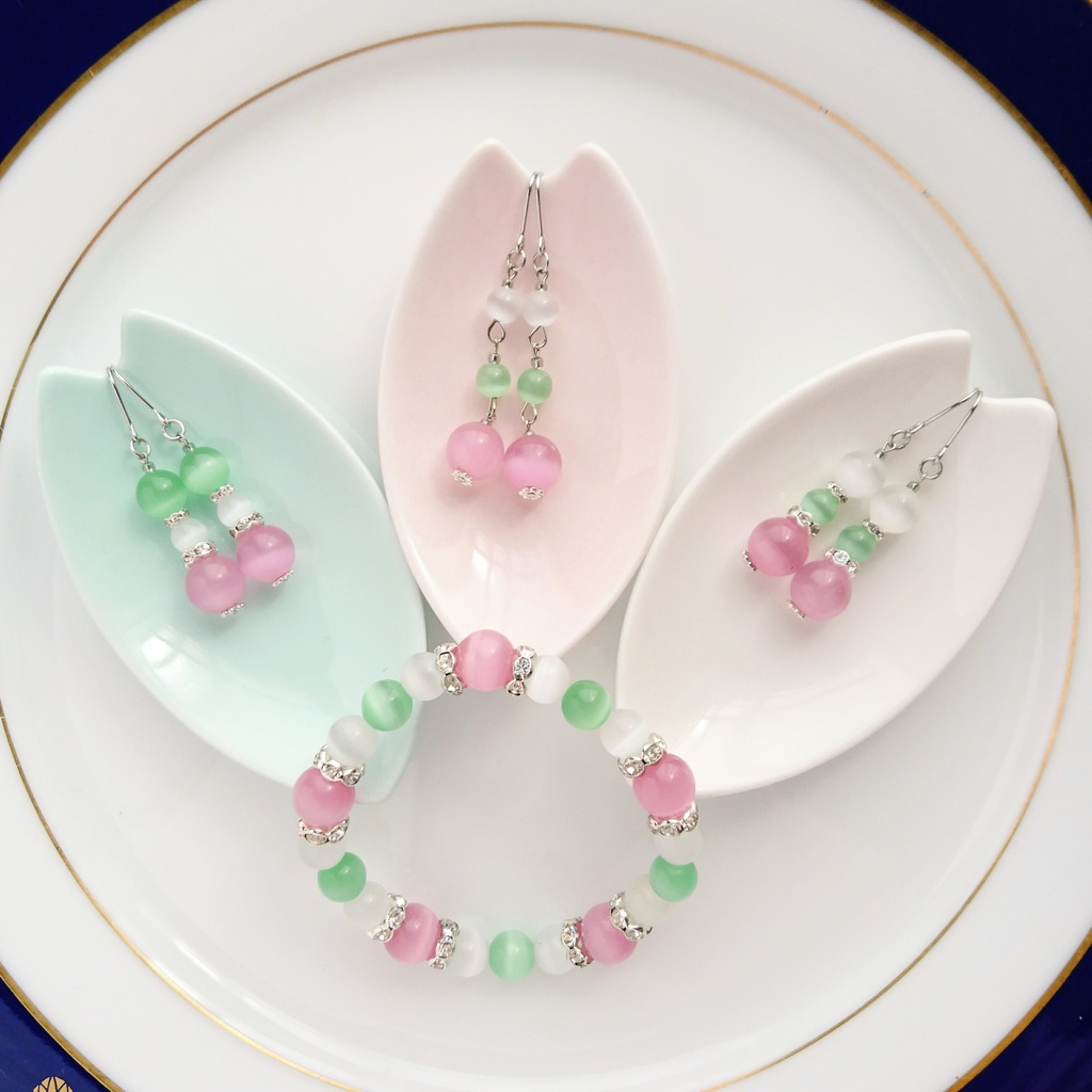 キャッツアイの春色ブレスレット・ピアス