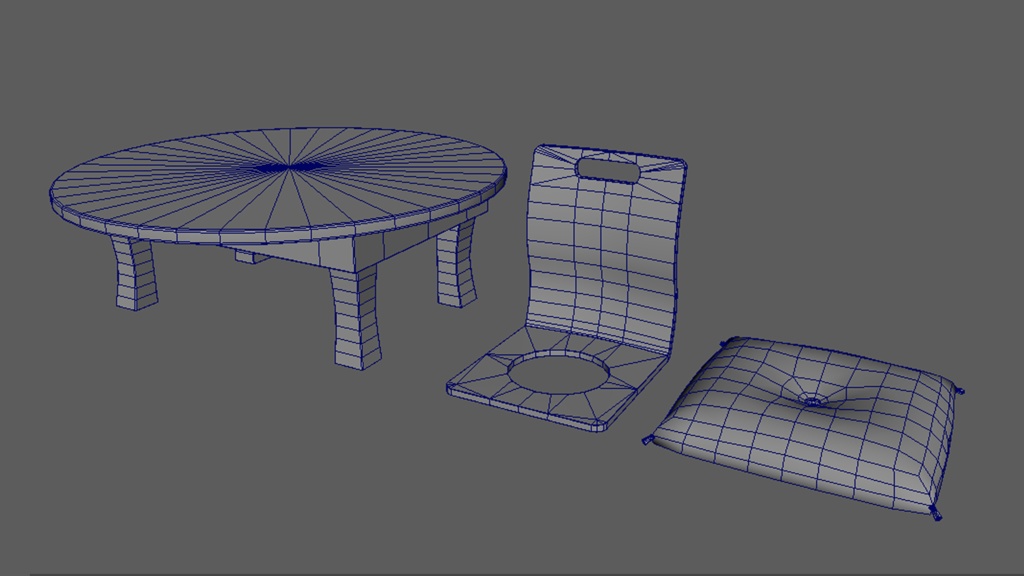 【3D素材】座卓と座椅子(座布団付き)【3Dモデル】