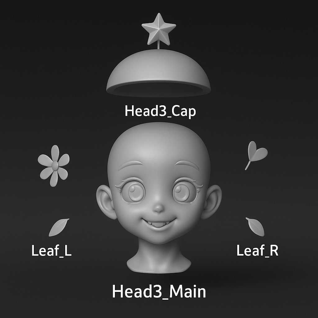 Head3|元気系美少女ヘッドシェル(無髪)3Dプリント用 STLデータ