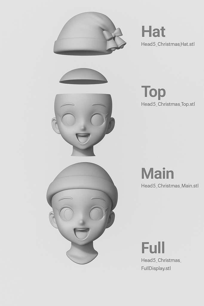 Head5|クリスマス帽子ヘッドシェル(無髪)3Dプリント用STLデータ