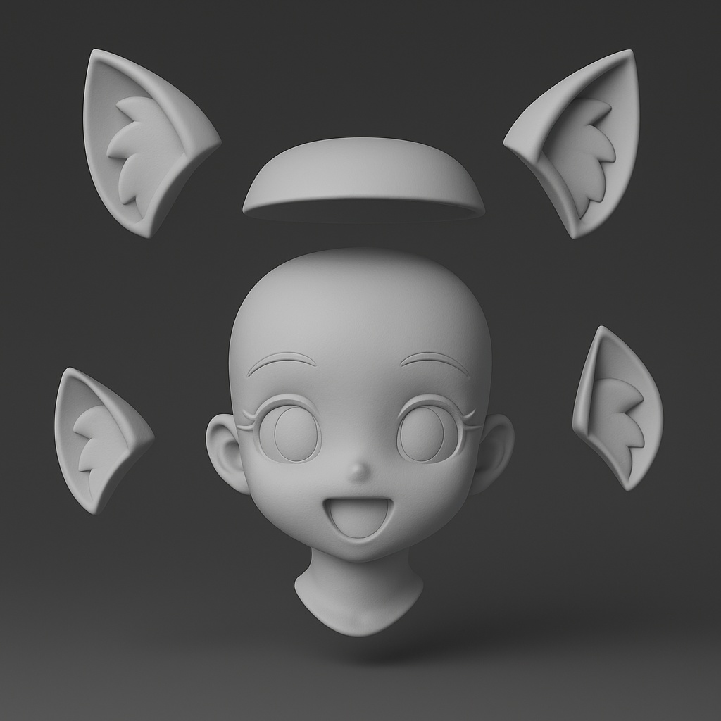 Head6|猫耳ヘッドシェル(可愛いネコ耳・無髪)3Dプリント用STLデータ