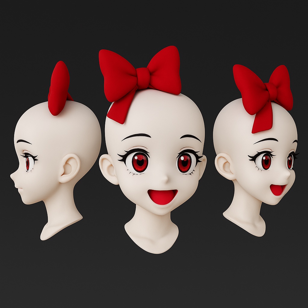 Head8 – 病みかわアニメヘッド(ヤンデレ風)赤リボン付き・3Dプリント用STL