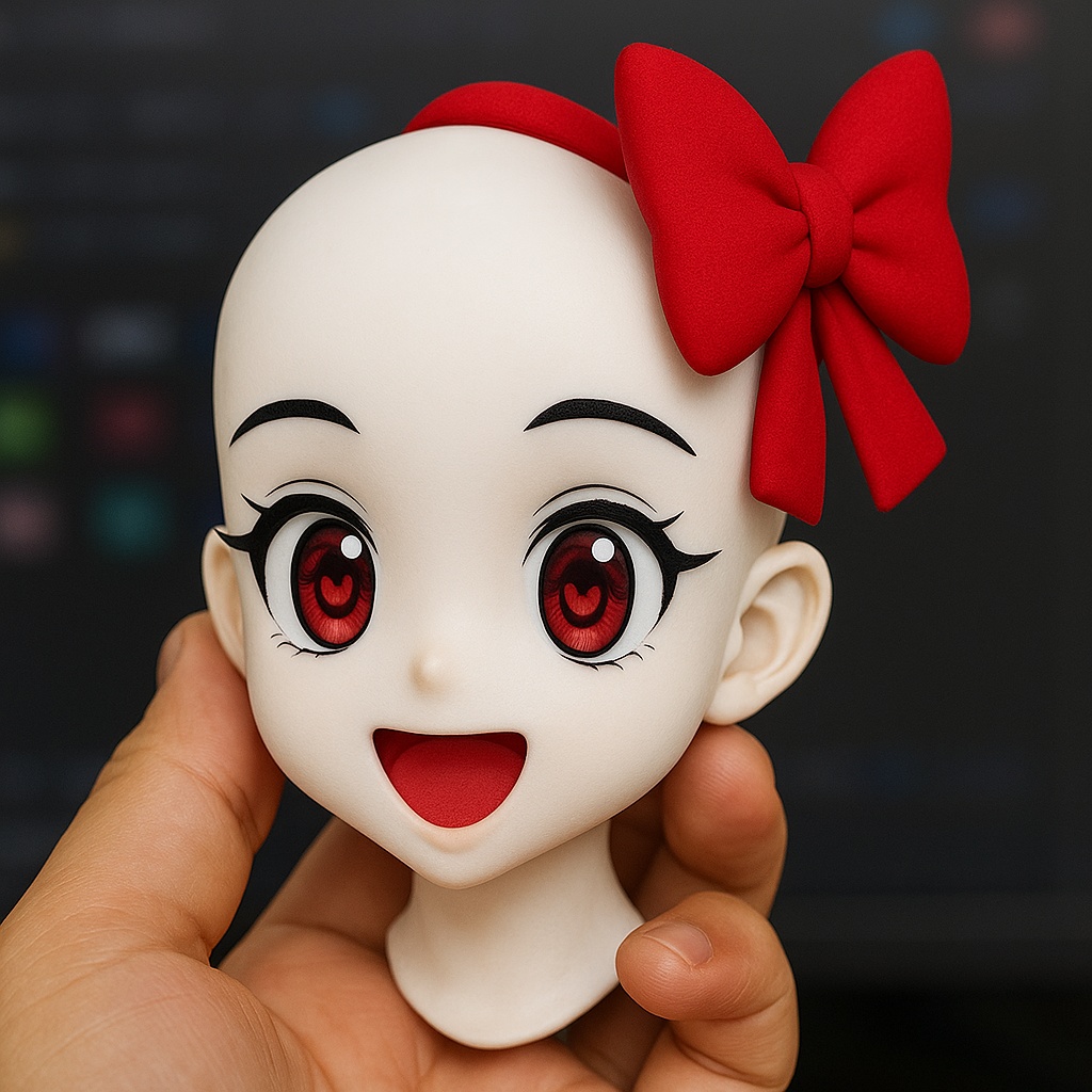 Head8 – 病みかわアニメヘッド(ヤンデレ風)赤リボン付き・3Dプリント用STL