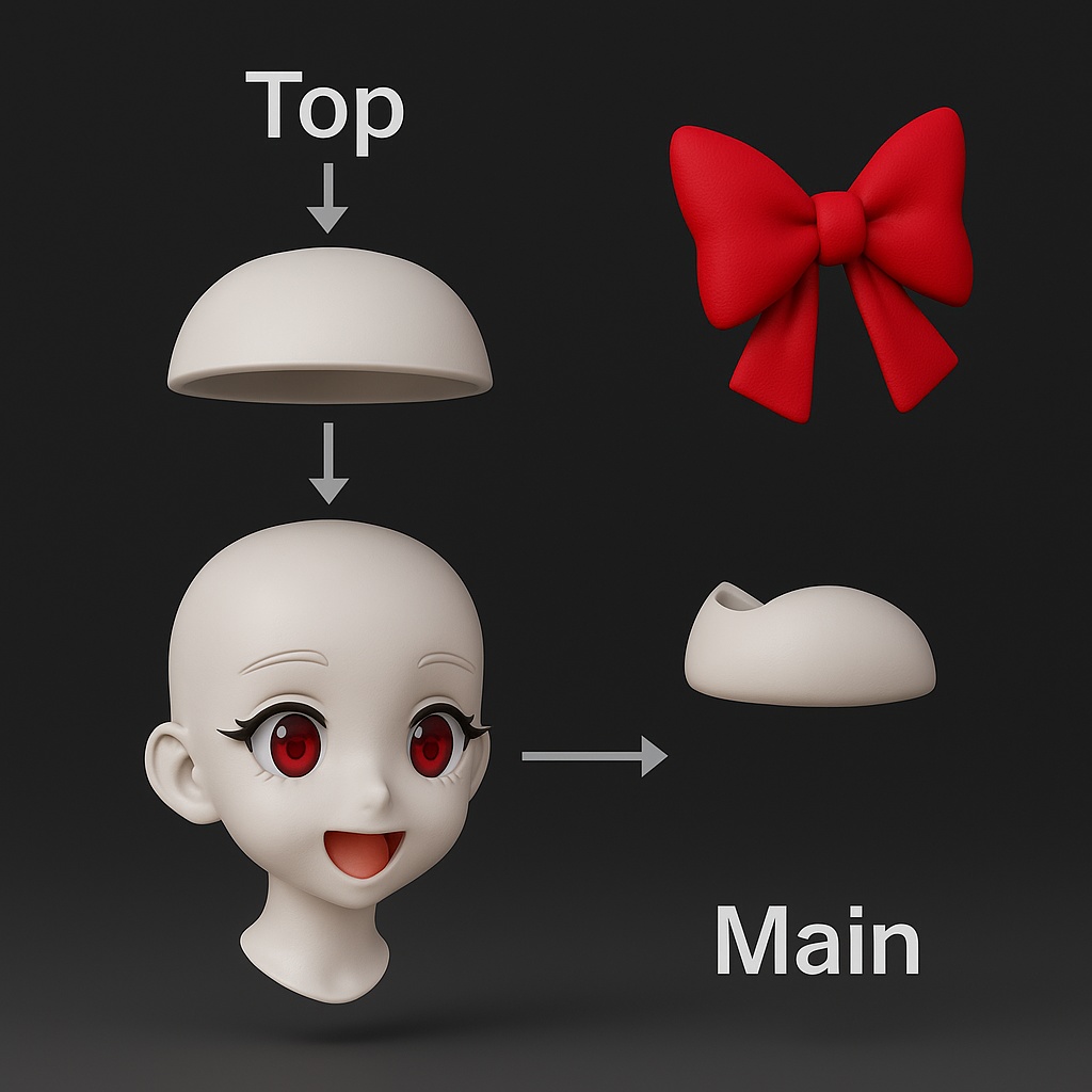 Head8 – 病みかわアニメヘッド(ヤンデレ風)赤リボン付き・3Dプリント用STL