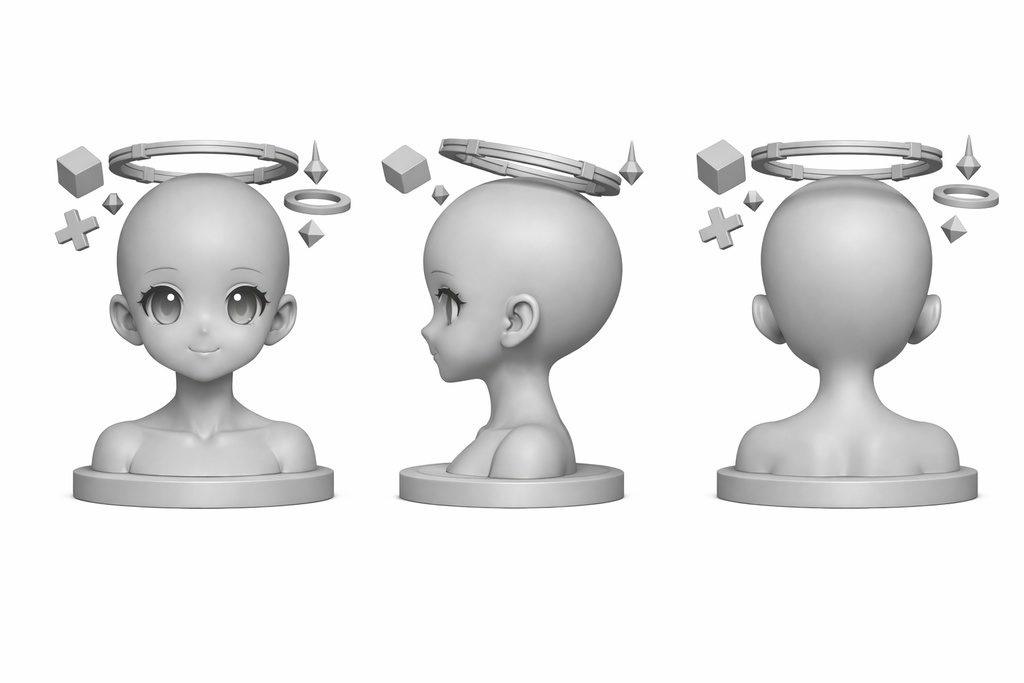 【3Dプリント用】日系二次元・大眼萌え少女 光头グレーモデル|高精度・半身ヘッドシェル