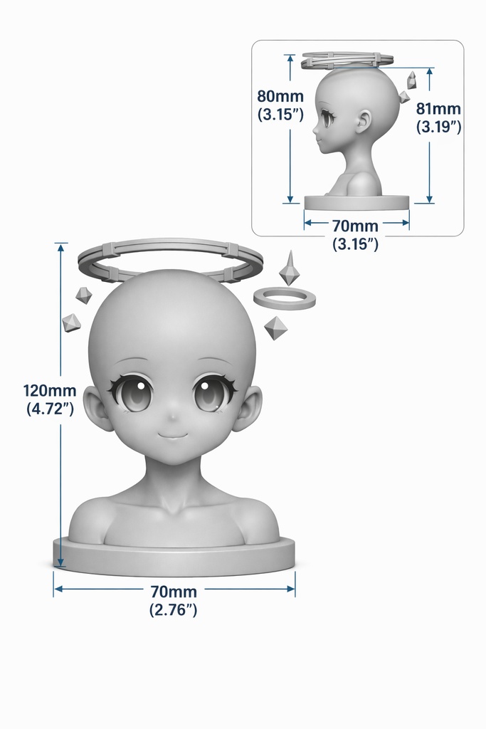 【3Dプリント用】日系二次元・大眼萌え少女 光头グレーモデル|高精度・半身ヘッドシェル