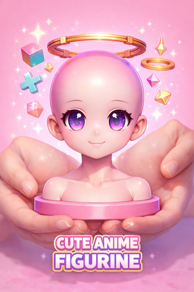 【3Dプリント用】日系二次元・大眼萌え少女 光头グレーモデル｜高精度・半身ヘッドシェル