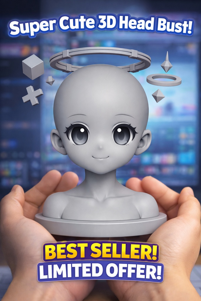 【3Dプリント用】日系二次元・大眼萌え少女 光头グレーモデル|高精度・半身ヘッドシェル