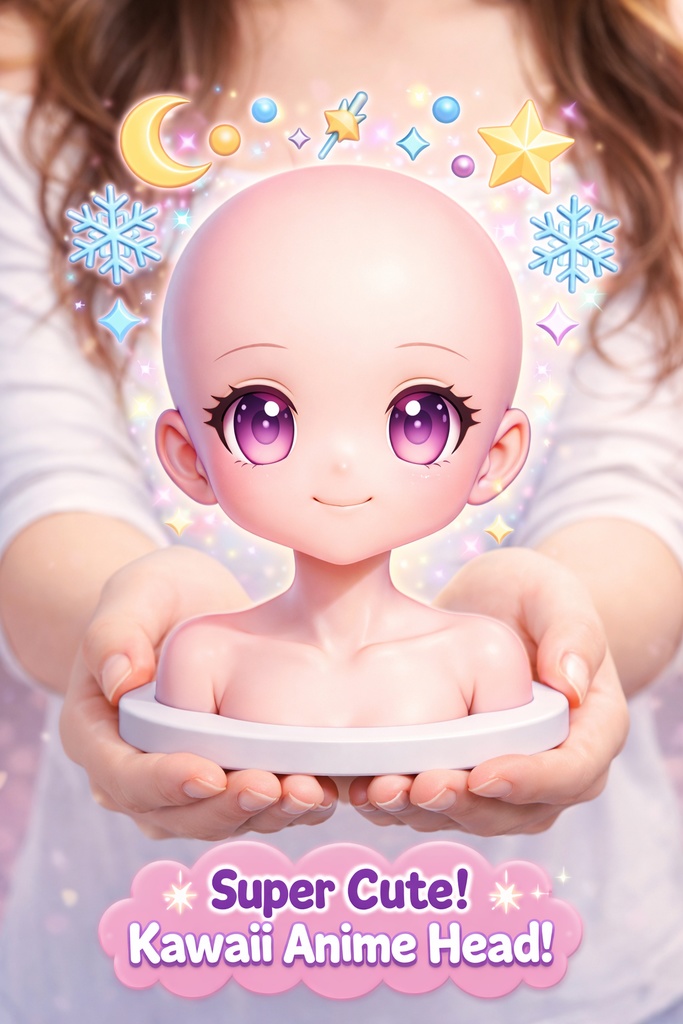 【高精度3Dプリント】大眼萌え系・二次元少女グレーモデル|完全ボールドヘッド|浮遊アクセサリー付き半身フィギュア