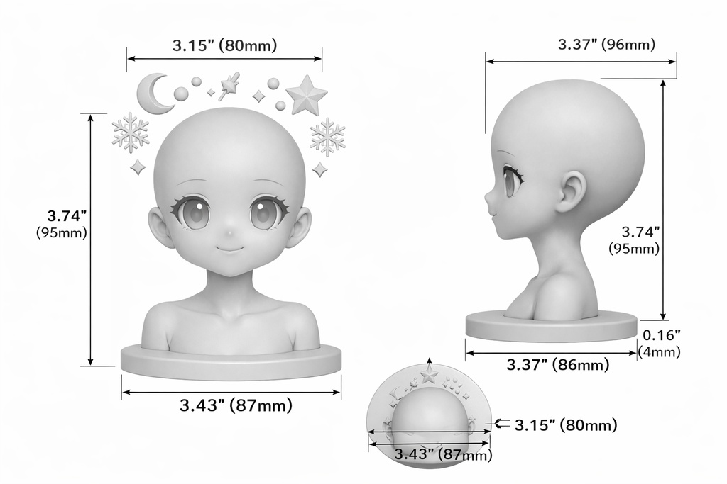 【高精度3Dプリント】大眼萌え系・二次元少女グレーモデル|完全ボールドヘッド|浮遊アクセサリー付き半身フィギュア