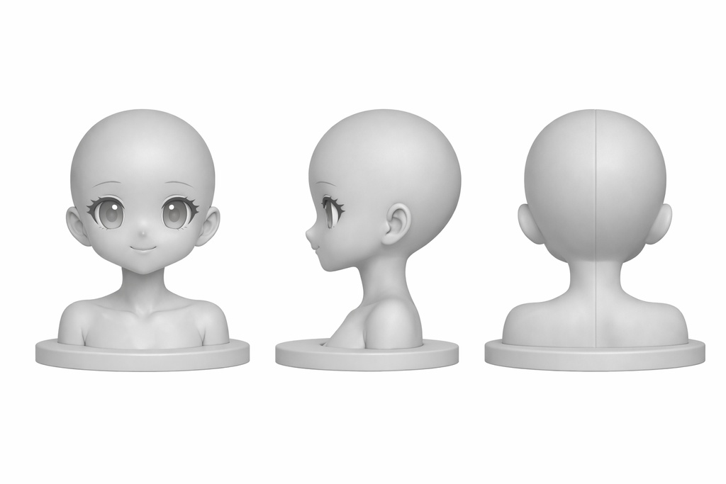 【高精度3Dプリント】大眼萌え系・二次元少女グレーモデル|完全ボールドヘッド|浮遊アクセサリー付き半身フィギュア